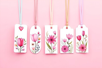 Wall Mural - A fun and whimsical arrangement of five hanging tags with artistic pink floral watercolor designs, displayed on a lively pink gradient background. Each tag has a unique shape—heart, oval, rectangular,