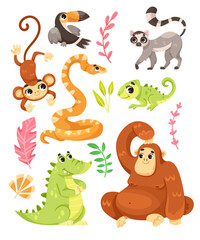 Wall Mural - tropical animal and wild african fauna with leaves vector set
