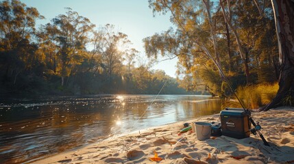 Fototapete - Morning light reflects on a calm river, surrounded by trees as a fishing cooler and bucket sit on the sandy bank, suggesting a relaxing day ahead for fishing enthusiasts.