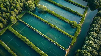 Poster - Aquaculture ponds filled with water surrounded by vibrant green vegetation offer a glimpse into sustainable fish farming practices under soft morning light, showcasing nature's harmony.