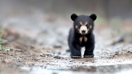 Wall Mural - Baby bear cub walking on forest path