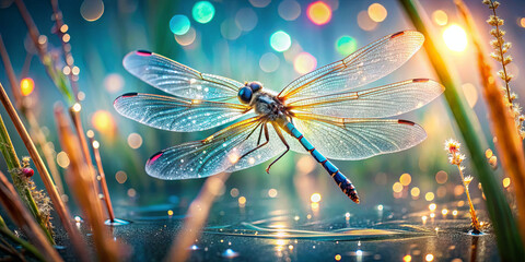 Poster - A striking dragonfly hovers gracefully over the calm water, surrounded by glistening grass and colorful bokeh. The warm light of sunset creates a magical atmosphere