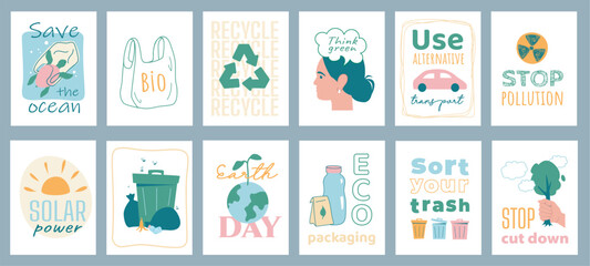 Aufkleber - Ecology cover typography template for posters, prints. Minimalistic banners set with save ocean, recycling, think green, alternative transport, stop pollution, solar power, other. Vector illustration.