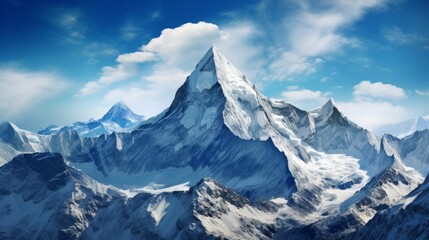 Wall Mural - Majestic snow capped mountain peak above clouds with stunning natural lighting and blue sky