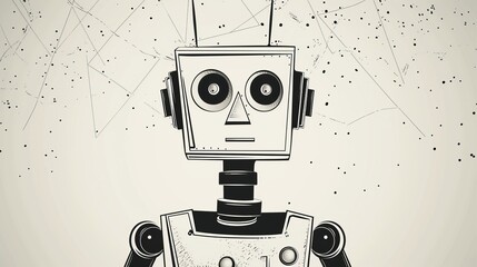 Aufkleber - A monochrome, artistic representation of a vintage-inspired robot with intricate details and a whimsical expression. AI generated.