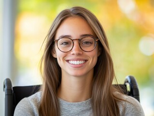 Wall Mural - young Woman Smiling in Wheelchair with Glasses.