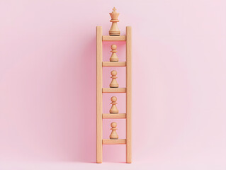 Ascending the ladder to leadership. Pawns climb towards the king's status, symbolizing strategic advancement and career progression on a pink background.