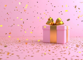 Wall Mural - In a pink room illuminated by gentle light, a gift box wrapped with a gold ribbon sits, while golden confetti drifts around, setting a festive mood