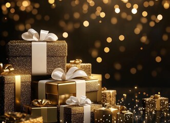 Wall Mural - Three kraft paper gift boxes, each tied with a white bow, sit on a dark surface, with golden confetti and sparkling bokeh adding a festive and celebratory touch