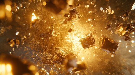 Poster - An abstract explosion of shattered glass and metallic particles floating in zero gravity