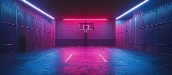 Wall Mural - Neon-lit indoor basketball court with vibrant colors and shadows creating a dynamic atmosphere