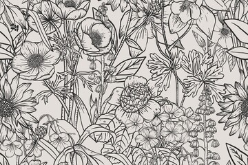 Floral line art background, black and white hand drawn design