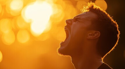 Poster - Man shouting in frustration during golden hour