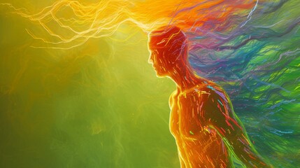 Aufkleber - A striking AI-generated illustration of a human figure radiating rainbow-colored energy, symbolizing vitality and creativity, set against a vivid green backdrop.