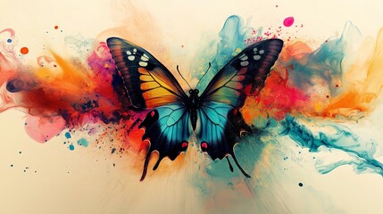 Poster - An abstract rendition of a butterfly emerging from an explosion of ink splashes