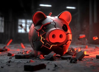 A broken piggy bank, representing financial collapse and the severe effects of economic distress. The scattered pieces emphasize the sense of loss and vulnerability