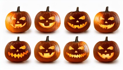 a group of eight lit spooky halloween pumpkins jack o lantern with evil face and eyes isolated against a white background