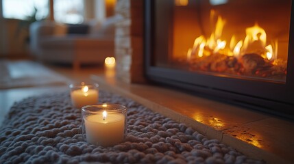 Wall Mural - Cozy living room with flickering candles and warm fireplace glow during evening hours