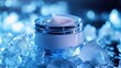 © amelisk - A frosted glass jar of face cream sitting on ice with a cool blue lighting effect.