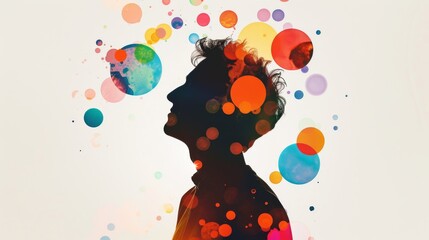Aufkleber - A silhouette of a person highlighted by an explosion of floating, colorful abstract bubbles, blending imagination and design. The vibrant contrast captivates. AI generated.