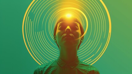 Aufkleber - A futuristic portrait of a glowing head encircled by radiant concentric lines on a vibrant green background. A stunning and surreal piece of digital art. AI generated.
