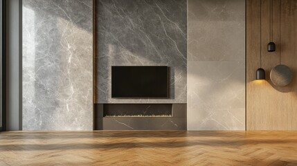 Wall Mural - Modern living room, marble wall, fireplace, TV, wood floor, sunlight