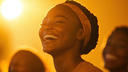 Wall Mural - woman laughing in golden light