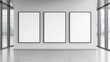 © David Zarzosa - A large three blank white canvas hanging on wall in a minimalist space room used for mockup and interior design.