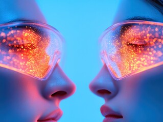 Poster - two faces with glowing Glasses, futuristic aesthetic