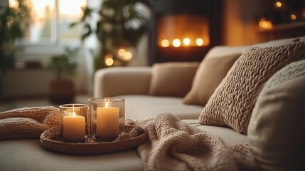 Wall Mural - Cozy living room with candles and soft textiles during evening relaxation