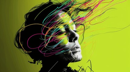 Fototapete - An AI-generated vibrant portrait of a woman's face with dynamic neon streaks on a bold green background, evoking energy, creativity, and abstract art. AI generated.