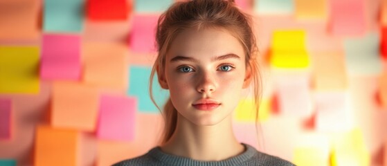 Wall Mural - portrait of a young woman in front of colorful sticky notes.