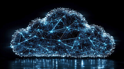 Poster - Abstract glowing cloud network digital data visualization.  Perfect for illustrating cloud computing, network connectivity, big data, AI, or futuristic technology concepts.