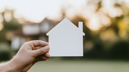 Hand holding house shape. Building blurred background with green meadow. Residential construction and architecture, real estate concept. Buying new property.