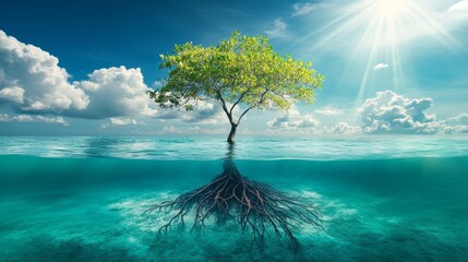 Wall Mural - Breathtaking scene of a mangrove tree on a sandbar surrounded by turquoise waters and dramatic skies