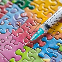 conceptual puzzle image showing vaccination and medical syringe.medical syringe and puzzle pieces re