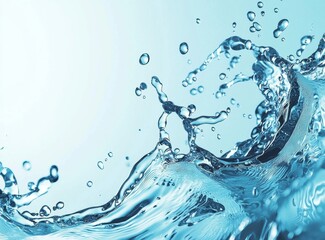 Poster - Close-up of water splash with dynamic waves and bubbles on a light blue background, highlighting freshness and fluidity in macro detail