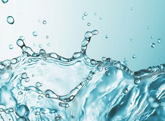 Poster - Dynamic close-up of water splash featuring bubbles and waves on a light blue background, showcasing freshness and movement in macro photography