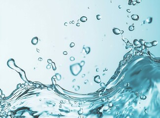 Poster - Dynamic water splash creating wave patterns with floating droplets and bubbles against a light turquoise background