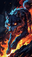  Fierce black wolf with glowing eyes emerging from flames – fantasy art