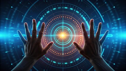 Poster - Reaching into the digital cosmos: two hands outstretched towards a glowing, circular technological interface.  