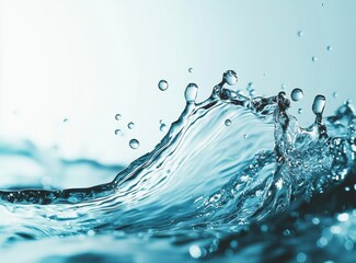 Poster - Close up of clear water splashing with droplets suspended in mid-air, showcasing dynamic movement and crystal-clear details against a light blue background