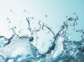Poster - Close up of water splashes and waves against a light blue background, showcasing high detail and sharp focus with a hyper-realistic appearance