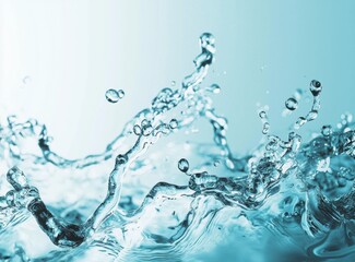 Poster - Close up of water splashes captured in sharp focus against a light blue backdrop, showcasing intricate details and fluid motion