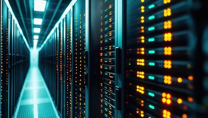 Poster - Rows of server racks in a modern data center, showcasing advanced technology and efficient data storage solutions