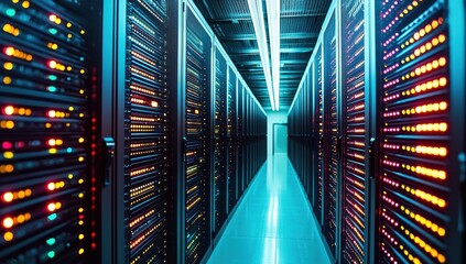 Poster - Rows of large, illuminated server cabinets in a data center, showcasing advanced technology and efficient organization for data storage