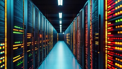 Poster - Brightly lit data center featuring rows of large computer racks with colorful LED lights, showcasing advanced technology and infrastructure