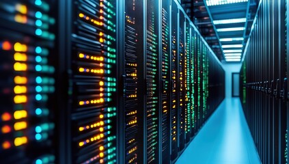 Poster - Brightly lit data center featuring rows of computer racks with swirling LED lights, emphasizing modern technology and digital infrastructure