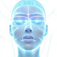 Aufkleber - Digital artwork of a glowing humanoid face with futuristic geometric lines and radiant blue light, symbolizing technology and innovation. AI generated.