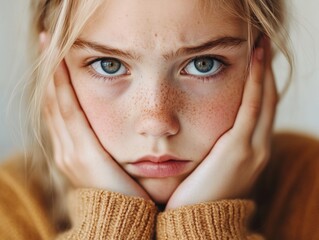 Wall Mural - close-up of girl with freckles and hands on face